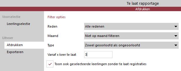 6 RAPPORTAGE Via Rapportage kunnen overzichten worden gegenereerd m.b.t. alle geregistreerde te laat meldingen, en de acties die daarop aangemaakt c.q. uitgevoerd zijn. 6.1 RAPPORTAGE TE LAAT 1.