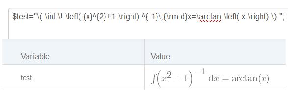 org/wiki/latex/wiskundige_formules TIP: U kunt ook in Maple zelf de formule laten converteren naar LaTeX als volgt: > latex(int(1/(x^2+1), x) = int(1/(x^2+1), x)); \int \!