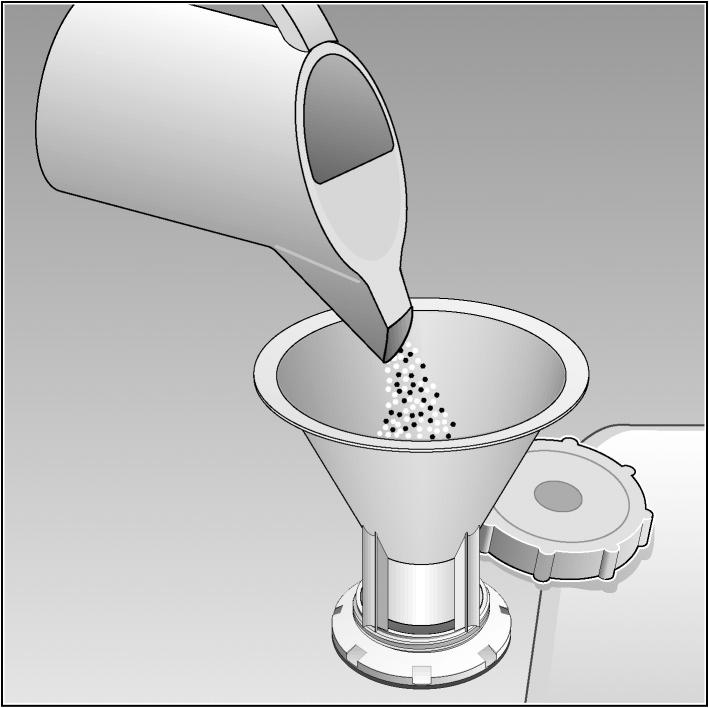 Zout bijvullen Werking van het zout Tijdens het afwassen wordt het zout automatisch uit het zoutreservoir in de wateronthardingsinstallatie gespoeld waar de kalk wordt opgelost.