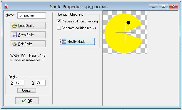 Klik op Center Omdat we niet willen dat er een wit vierkant rondom pacman te zien blijft, verwijderen we de witte achtergrond. Klik op Edit Sprite.