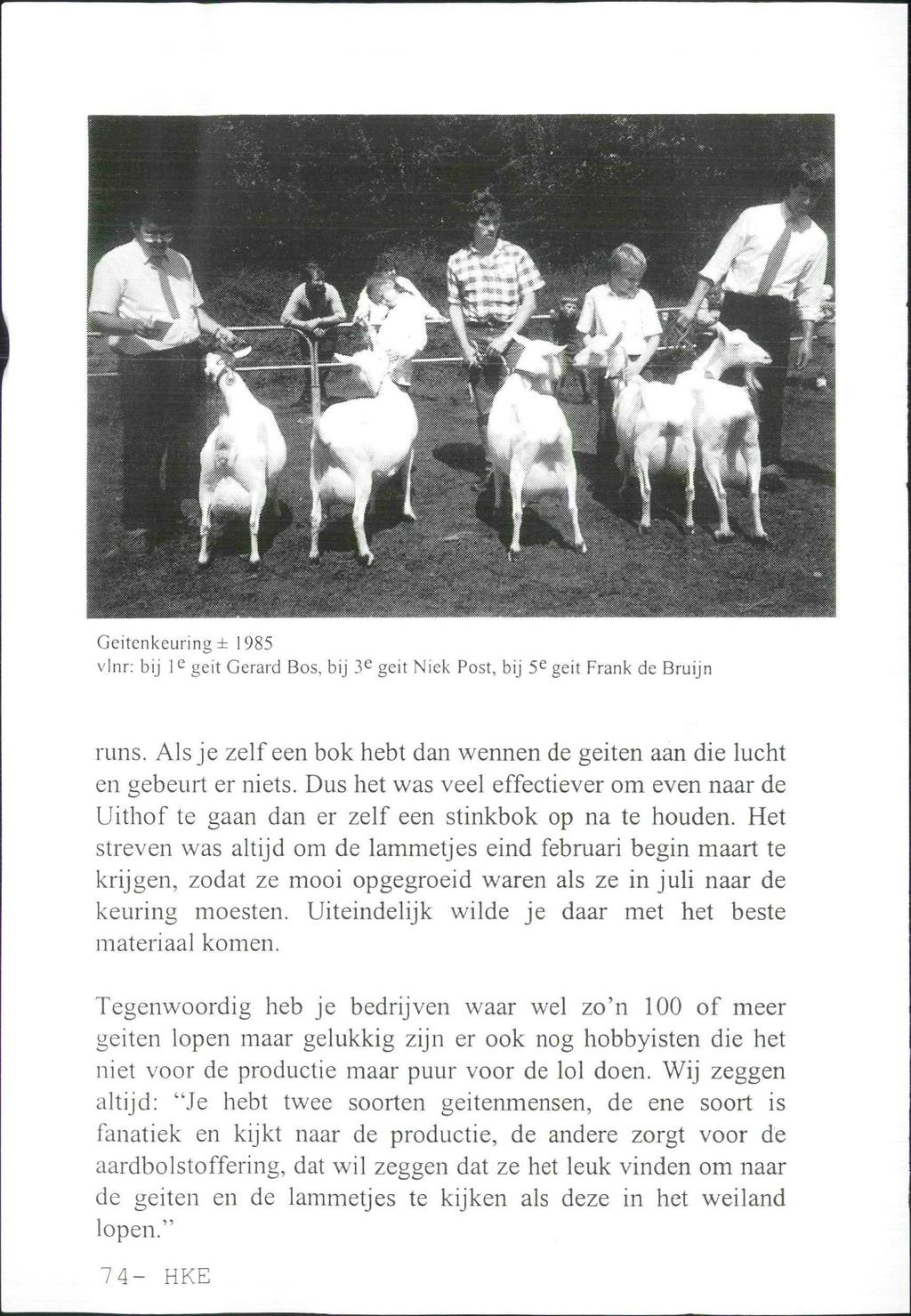 Geitenkeuringi 1985 vlnr: bij I e geit Gerard Bos, bij 3 e geit Niek Post, bij 5 e geit Frank de Bruijn runs. Als je zelf een bok hebt dan wennen de geiten aan die lucht en gebeurt er niets.