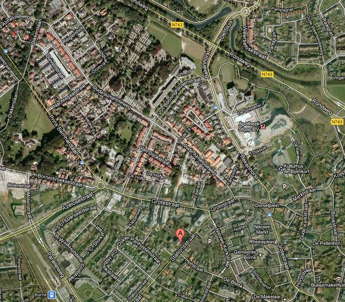 2. Situering van het plangebied Het plangebied is gesitueerd op het adres Grote Straat 212 in Borne. Het ligt in de dorpskern van Borne. Situering van het plangebied in de omgeving.
