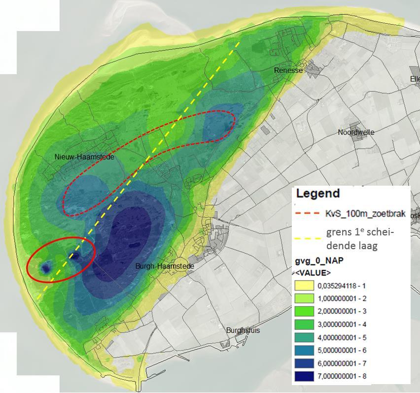 Figuur 4 Gemiddelde voorjaarsgrondwaterstand (GVG) in m +NAP 2.4. Intrekgebied en beschermingszones In 1988 is in het kader van het toenmalige Grondwaterbeleidsplan het intrekgebied berekend en opgenomen in de Provinciale Milieuverordening (zie 5.