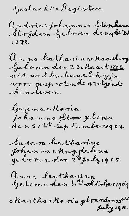 483 Geslacht-Register Andries Johannes Stephanu(s) Strijdom Geboren den 9de Feb 1878 Anna Catharina Maasberg Geboren den 23 Maart 1883. Uit welke huwelik zijn voor gesprooten den volhende kinderen. 1. Gezina Maria Johanna geboren den 21 st September 1903.