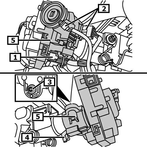 Stekker(s) van stuurkolommodule losnemen. (2) Bout(en) van stuurkolommodule verwijderen.