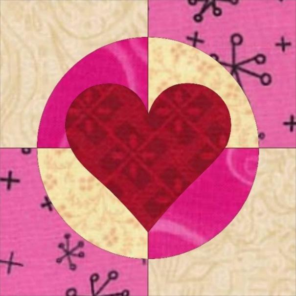 47 Probeer het maar eens uit: Patchwork met gebogen lijnen Hart in cirkel Maten blok: 36 x 36 cm Materiaal: restanten roze, ecru en rode stof Vliesofix paterno Werkwijze: Ik gebruik hieronder de