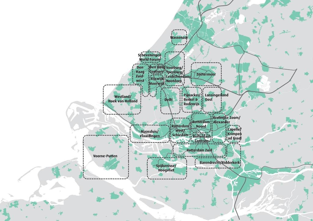 Clusters van woongebieden in de MRDH Voor de analyse van de bereikbaarheid van de woongebieden is de gebiedsindeling gehanteerd zoals hiernaast weergegeven is.