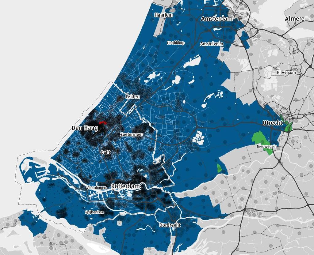 Voorbeeld auto-maatregel: verbreding A12 Op de kaart hiernaast zijn in blauw de gebieden weergegeven, die zowel in de huidige situatie als in geval de maatregel wordt doorgevoerd, toplocatie Den Haag