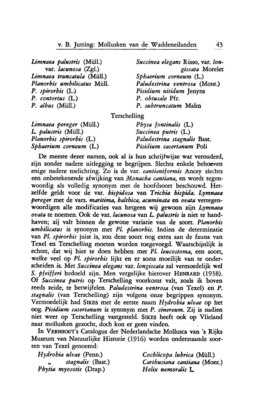 v. B. Jutting: Mollusken van de Waddeneilanden 43 Limnaea palustris (MÜLL.) var. lacunosa (Zgl.) Limnaea truncatula (Müll.) Planorbis umbilicatus Müll. P. spirorbis (L.) P. contortus (L.) P. albus (Müll.