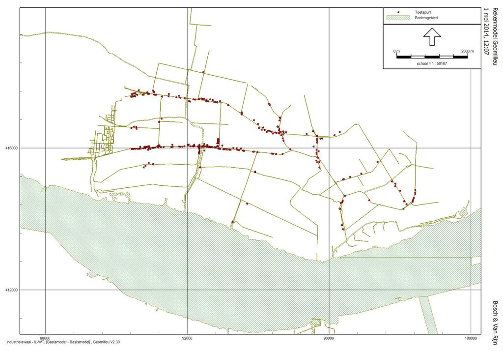 Figuur 6 - Onderdelen van het rekenmodel in GeoMilieu: locatie van rekenpunten (woningen van derden nabij de