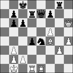 Vedde Zwart : Gert Timmerman 1.e4 e5 2.Pf3 Pc6 3.d4 exd4 4.Pxd4 Lc5 5.Pb3 Lb6 6.Pc3 Df6 7.De2 Pge7 8.Ld2 d6 9.f4 h5 10.g3 Lg4 11.Dg2 O-O-O 12.h3 Le6 13.O-O-O d5 14.f5 d4 15.Pa4 Lxb3 16.Pxb6+ axb6 17.