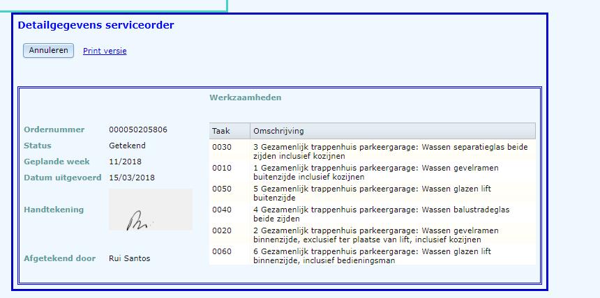 Door vervolgens op het het bonnummer te klikken, worden de detailgegevens van de bon getoond. Dit is alleen mogelijk als de werkzaamheden al definitief ingepland zijn. 5.