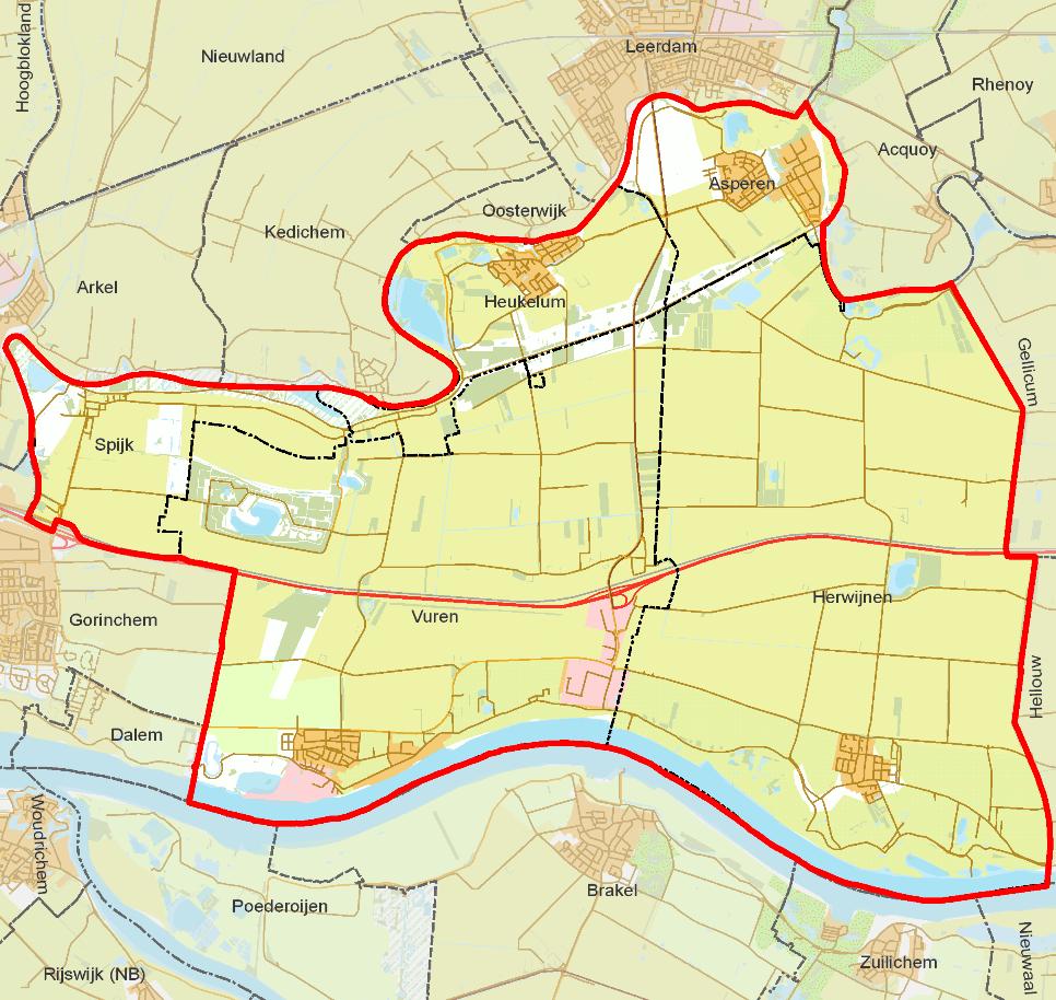 4 Areaalgegevens De gemeente Lingewaal is onder te verdelen in 6 gebieden of kernen: Asperen Heukelum Spijk Vuren Herwijnen Buitengebied/bedrijventerrein Afbeelding 4.