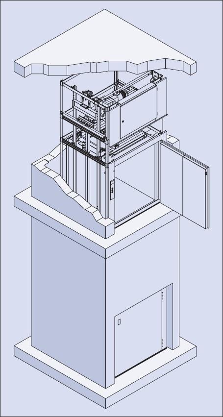 Goederenlift 300.15/43F v=0.15 m/s Zelfdragende structuur voor installatie in schacht Enkelvoudige scharnierdeur Breedte: min.
