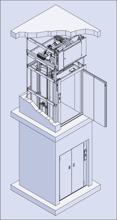 Goederenlift 500.15/44F 500kg v=0.15 m/s Zelfdragende structuur voor installatie in schacht Dubbele scharnierdeur bovenaan de schacht Breedte: min.