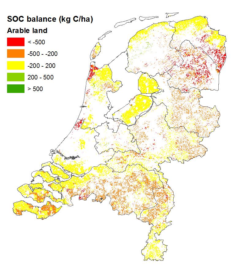Simulatie van bodem koolstof balans in minerale gronden Akkerland Permanent grasland Landbouw grond -200 kg C/ha/jaar +700 kg C/ha/jaar +250 kg C/ha/jaar Methode simulatie: RothC model Input data: