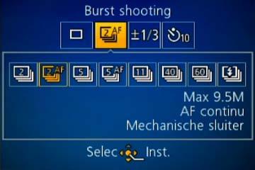 Toepassing (opname) De Burst-functie instellen Er kan een hele Burst foto s worden gemaakt terwijl u de ontspanknop ingedrukt houdt.