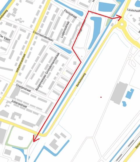 3. Fietspad door het Annie M.G. Schmidtpark direct ten oosten van het Berkelsdijkje 4. Fietspad op het Berkelsdijkje ten westen van de huidige rijbaan versie 1 5.