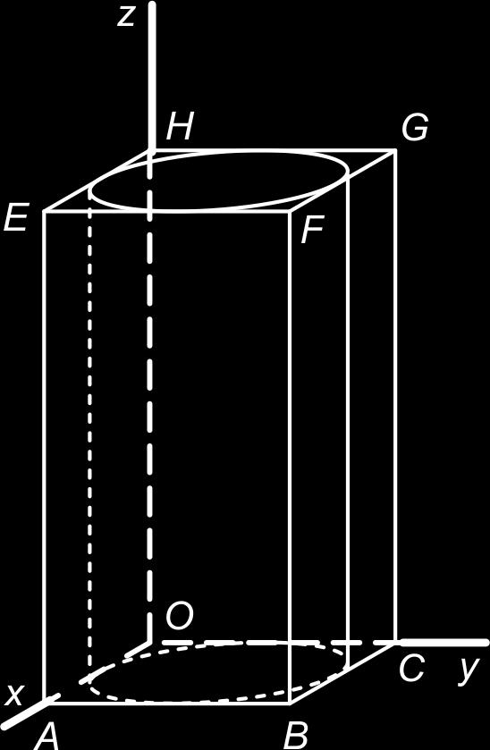 6. a Teken de x-, y- en z-projectie van de balk in een drieluik met daarin de projecties van de cilinder. Lijnstuk OF snijdt de cilinder in de punten P en Q.