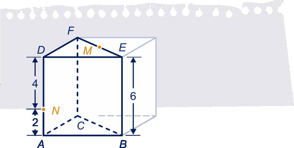 2.2 Onderlinge ligging 33 ABC.DEF is een recht driezijdig prisma, dus de opstaande zijvlakken zijn rechthoeken. De hoogte van het prisma is 6. N ligt op ribbe AD en AN = 2.