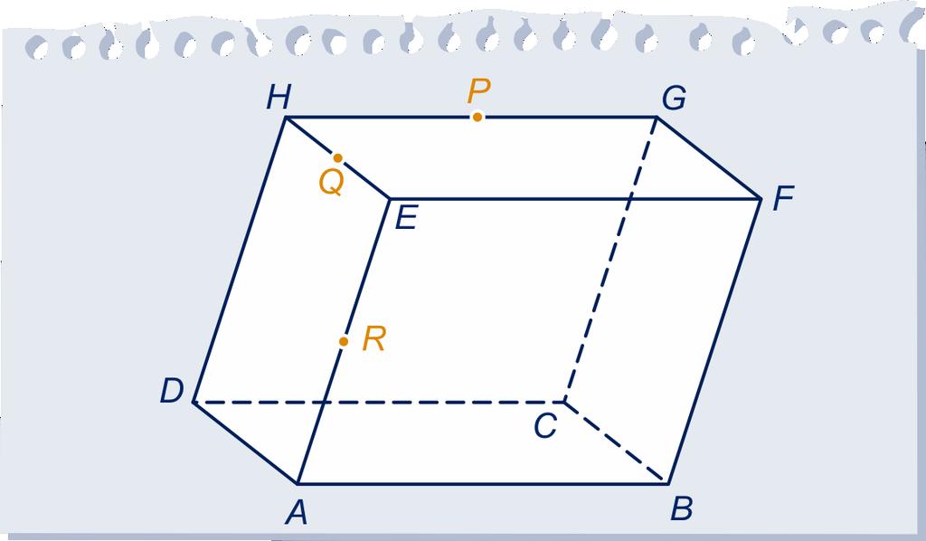 F BC = EAD = 60. P, Q en R zijn middens van ribben. We bekijken de doorsnede van het parallellepipedum met vlak P QR. a b c d Teken de doorsnede van het parallellepipedum met vlak P QR.