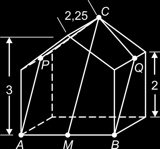 2 Ruimtelijke figuren in het plat De snijpunten van de doorsnede met de dakranden noemen we P en Q, het midden van AB noemen we M en het snijpunt van lijn MC met lijn P Q noemen we R.