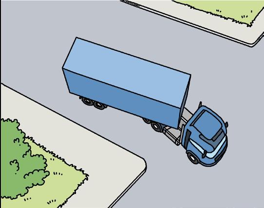 Zo zit dat met grote voertuigen Blijf er rechts en ruim achter. Houd minstens afstand. Steek er nooit vlak voor of achter over. a. Achter de vrachtwagen fietst een jongen die de straat wil oversteken.