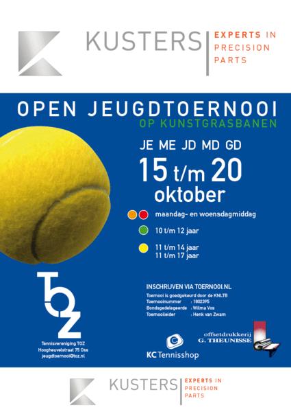 LET OP: INSCHRIJVEN KAN TOT EN MET MAANDAG 1 OKTOBER 2018 Kusters Open Jeugdtoernooi TOZ Deze wordt gehouden van maandag 15 oktober t/m zaterdag 20 oktober 2018.