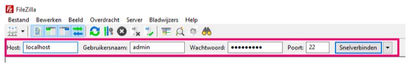 Verbinding maken Stap 4 - Open uw FTP Client. Stap 5 - Log in op uw FTP Client en maak verbinding met uw server. Volg stappen 5.1 en 5.2. Stap 5.1 - Vul de gegevens in voor de host, gebruikersnaam, wachtwoord en poort (zie afbeelding 8).