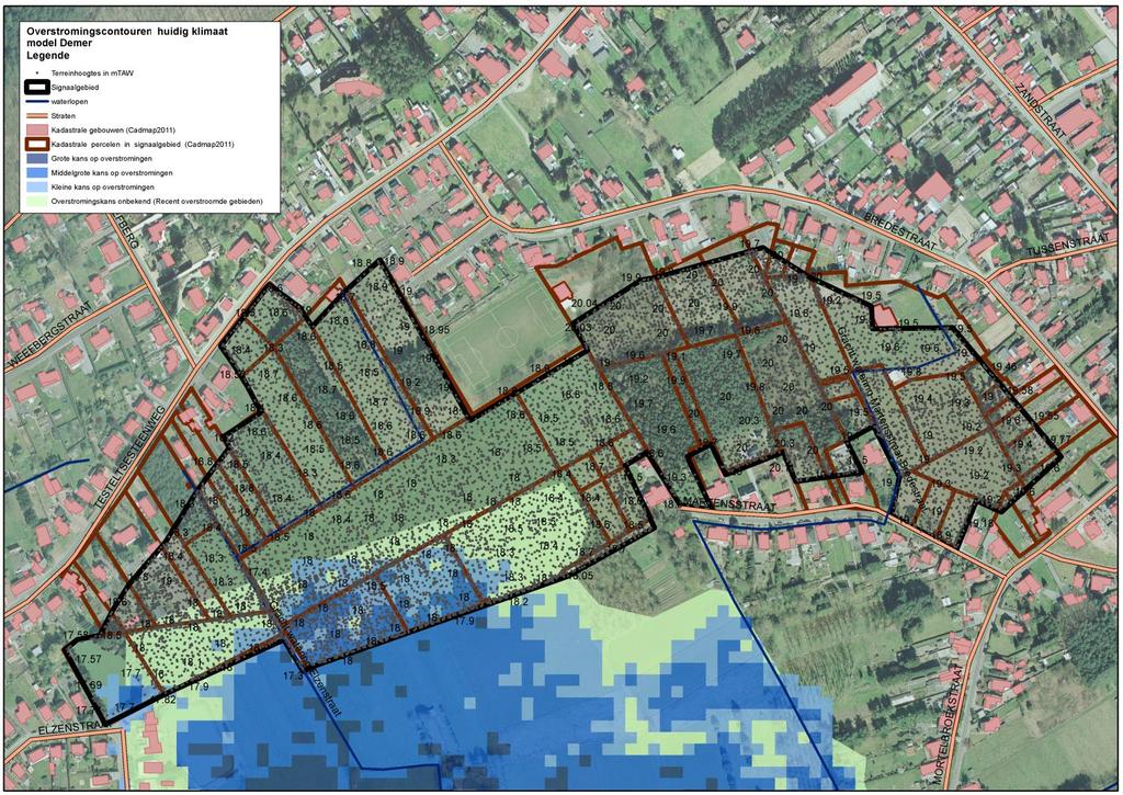 Handleiding kaart: De weergave van de kadastrale gebouwen (Cadmap 2011), kadastrale percelen (Cadmap 2011), straten en waterlopen geven een situering van het signaalgebied.