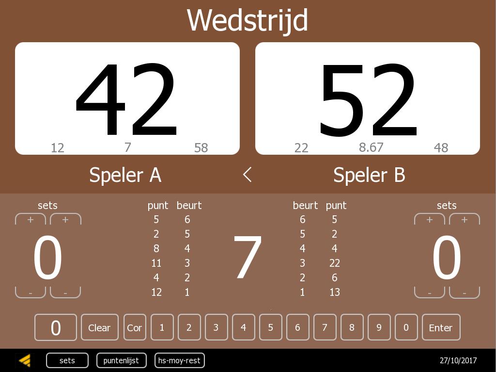 Biljart Biljartscorebord: Het biljart scorebord is afgeleid van het traditionele caféscorebord. De achtergrondkleur bruin is speciaal voor dit bord toegevoegd. Het is geschikt voor twee spelers.