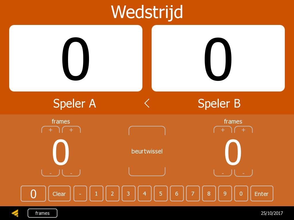 Snooker Snookerscorebord: Door de beurtwissel-toets bepaalt u bij welke speler de punten worden bijgeschreven, zodoende kunt u per beurt verschillende punten bij de totaalscore op of aftellen.