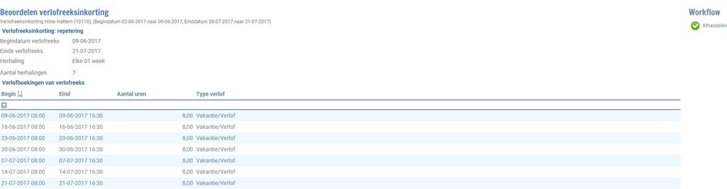 Je kunt de einddatum alleen inkorten en niet verlengen, ook kun je de herhaling niet aanpassen. In beide gevallen moet je de volledige verlofreeks intrekken en opnieuw indienen.