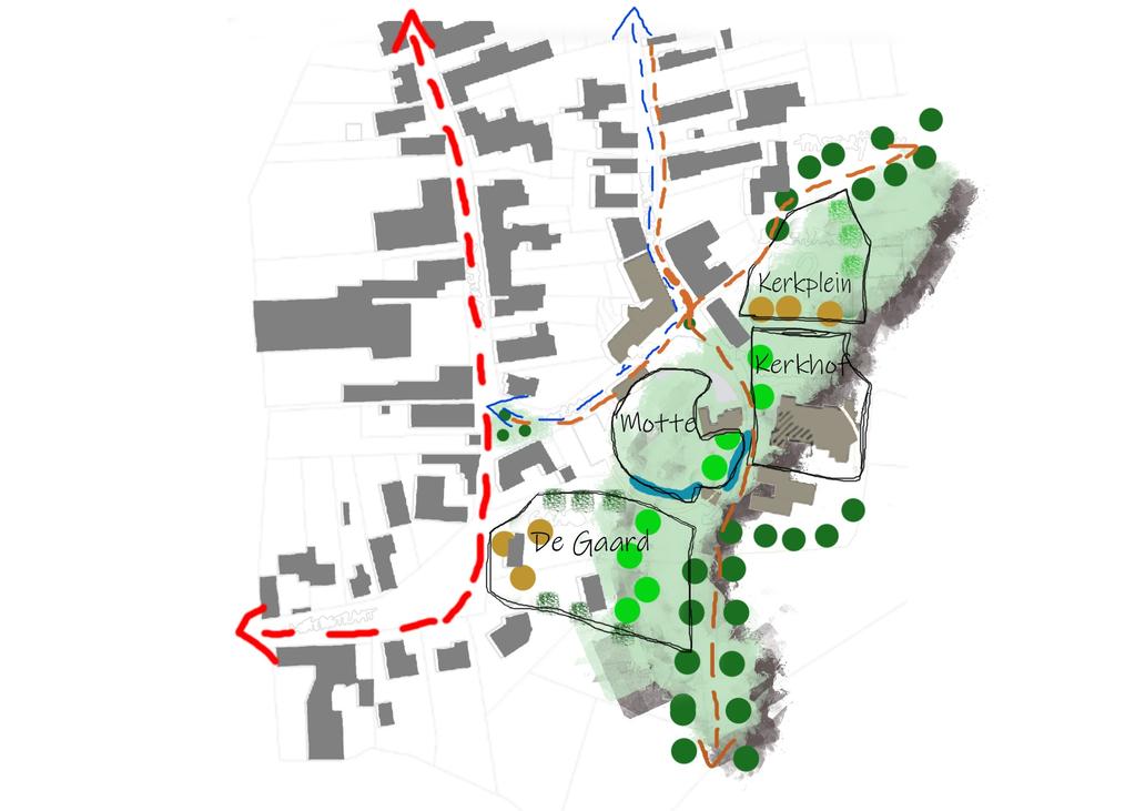 Visie Pagina 2 Open ruimtelijke structuur Doorlopende groene ader Groenstructuren verbinden de Gaard, de motte en het kerkplein de Bergplaats.