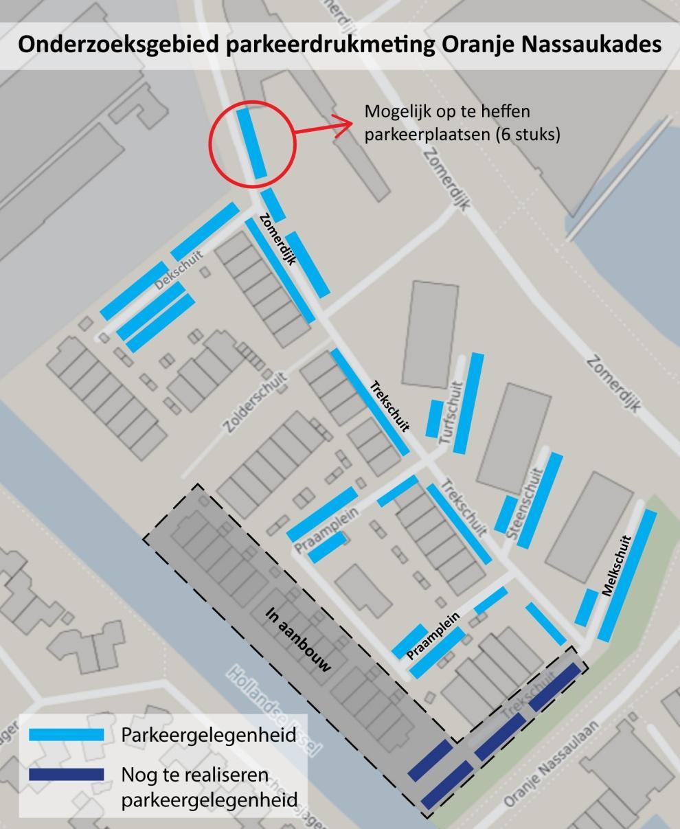 Kaart 3. Parkeergelegenheid in het onderzoeksgebied, te verdwijnen parkeerplaatsen aan de Zomerdijk en deel van het onderzoeksgebied dat in aanbouw is.
