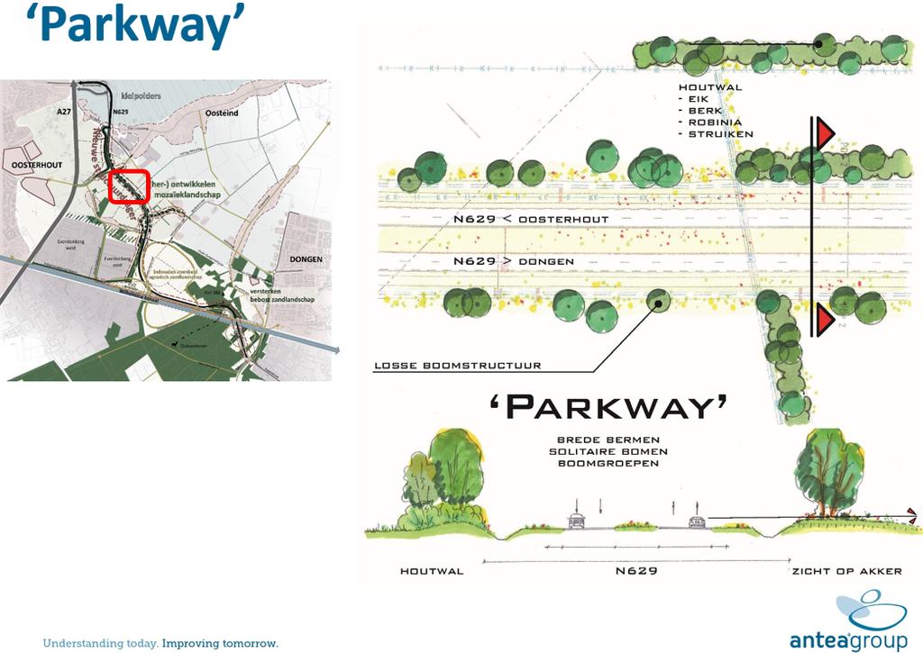 Figuur 3.13 Landschappelijke inpassing N629, referentiebeeld 'Parkway' 2 Linten De linten zijn de verbindingswegen in het landschap (aansluiting van de nieuwe N629 met de Heistraat).