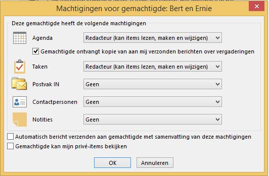 Maak voor de gemachtigde een keuze voor Agenda, Taken, Postvak IN, Contactpersonen en Notities: 1. Lezer, Met deze machtiging kunnen items in deze gedeelde mailbox worden gelezen; 2.