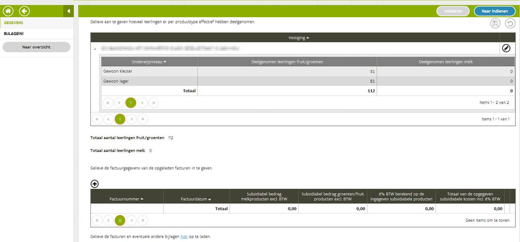 4.2 OVERZICHT U krijgt dan het volgend scherm te zien: Hier ziet u al uw vestigingen met hun respectievelijk aantal leerlingen en welke producten u hebt aangevraagd.