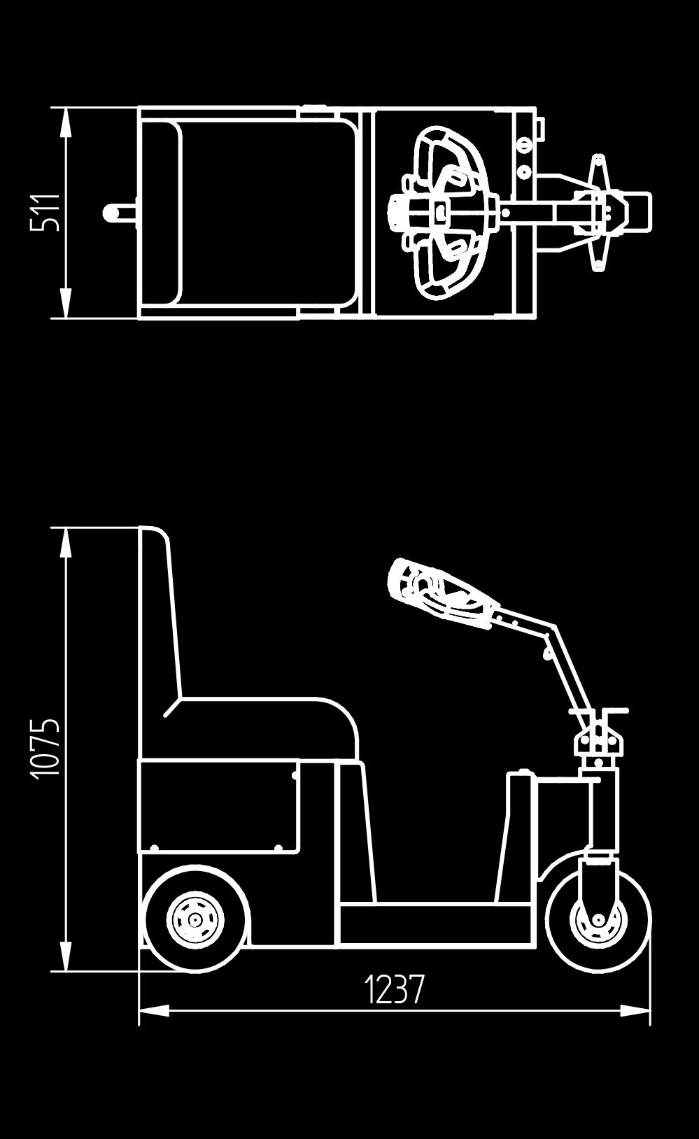 Specificaties T2500-SCOOTER Dimensies T2500-SCOOTER Frame Staal, gepoedercoat Aandrijving 24V DC, 800W, 170 toeren/min Gewicht 304 kg Gew aanhanger 2500 kg Accu Ingebouwd, 24V, 75Ah Snelheid Max 8,0