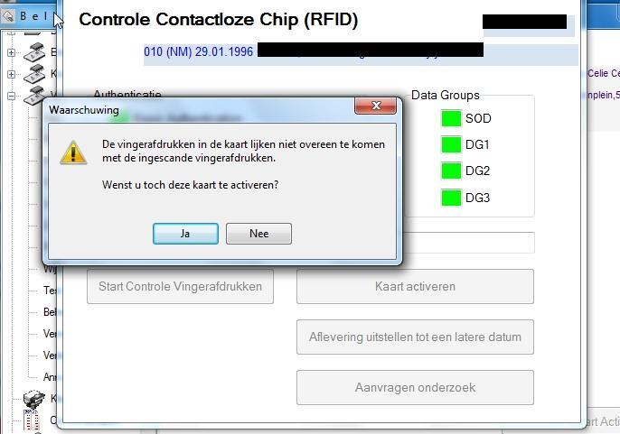 3.3. ACTIVERING VAN DE KAART 3.3.1. Controle van de contactloze chip De initiële controles zijn niet veranderd.