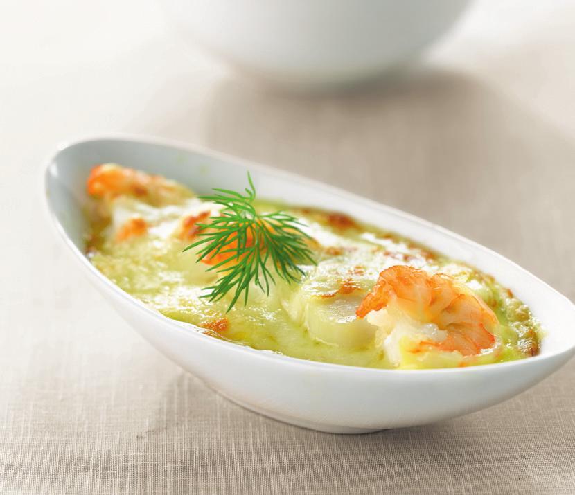 Tijdelijk in assortiment Sint-jacobsgratin met gamba 2 smaakvolle St-Jacobsvruchten en 3 heerlijke knappige gambas in een witte