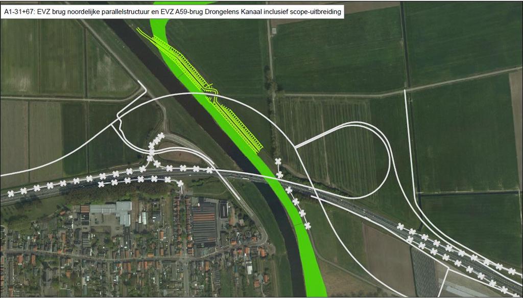 Figuur 4.17 EVZ brug noordelijke parallelstructuur en EVZ A59-brug Drongelens Kanaal; aanleg ecologische verbindingszone [ EVZ ] (groene strook);. De witte lijn is een andere GOL-maatregel.