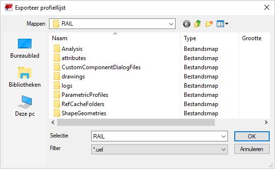 Geef vervolgens in het dialoogvenster Exporteer profiellijst het *.uel bestand een naam: Het *.uel bestand wordt standaard in de huidige modelmap opgeslagen.