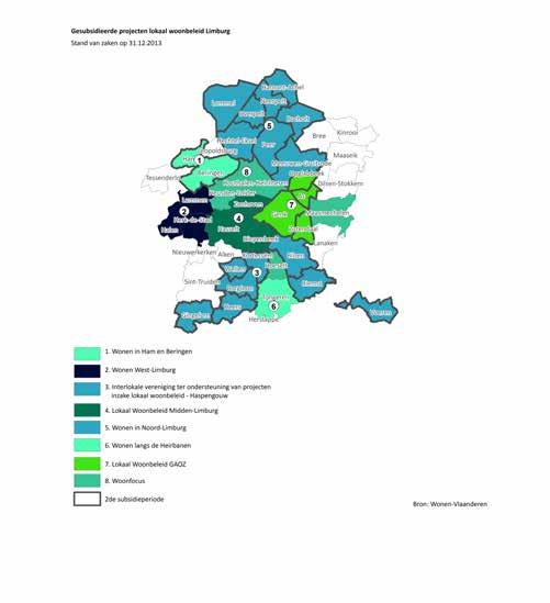 4.7.4 Intergemeentelijke samenwerkingsprojecten De deelname van de Limburgse gemeenten aan een intergemeentelijk samenwerkingsproject lokaal woonbeleid bleef in 2013 op het niveau van 2012: vier op