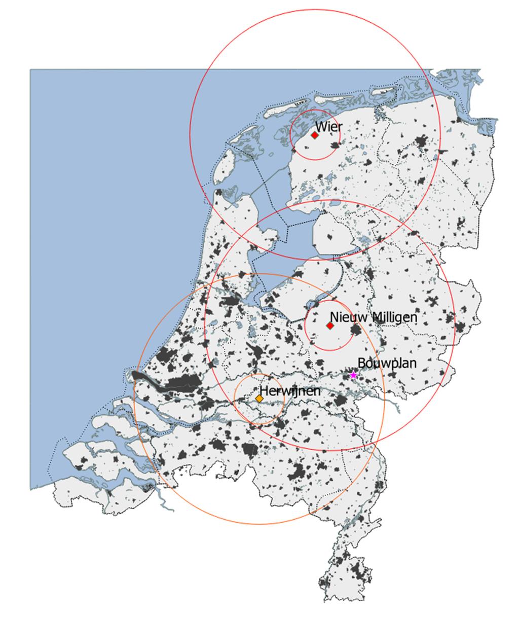 7/26 Figuur 3. Locaties van de twee MPR gevechtsleidingsradars (rode ruit) en de nieuwe locatie Herwijnen (oranje ruit) met daaromheen de 15 en 75 km cirkels.