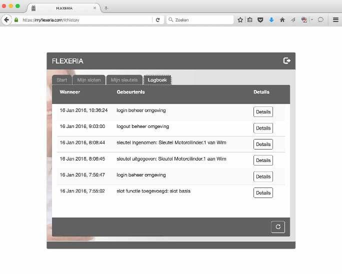 LOGBOEK Binnen de Flexeria beheeromgeving is een logboek aanwezig waarin gebeurtenissen worden vastgelegd. Het logboek kunt u raadplegen op het tabblad Logboek.