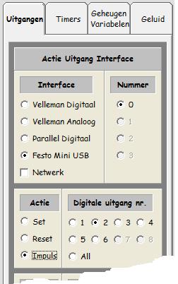 Selecteer rechts op het scherm onder het kopje Interface Festo Mini USB, Selecteer onder het kopje Actie Impuls. Selecteer onder het kopje Digitale Uitgang nr. nummer 2. Klik onderaan op.