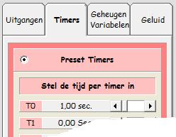 Selecteer rechts op het scherm o de tab Timers. o Preset Timer. o Zet onder het kopje stel de tijd per timer in T0 op 1,00 sec.