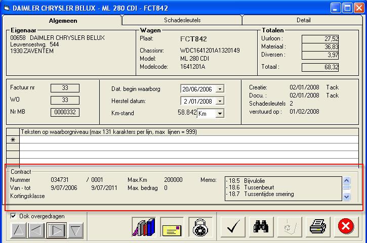 6 DOCUMENTEREN Via menu Merken/Mercedes/Onderhoudscontracten krijgt u het volgende scherm: Het documenteren van contracten is grotendeels gelijk aan dat van