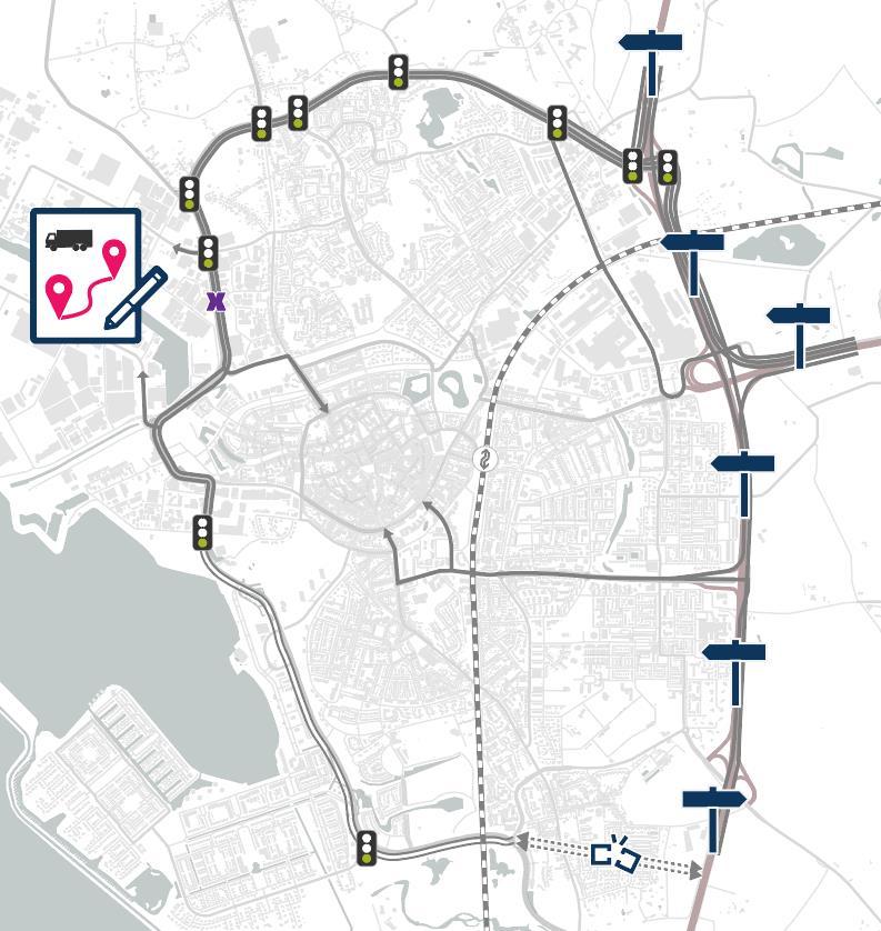 19 Geschikte routes om de binnenstad faciliteren a) Bewegwijzering via de gewenste routes, aangeduid vanop de snelweg.